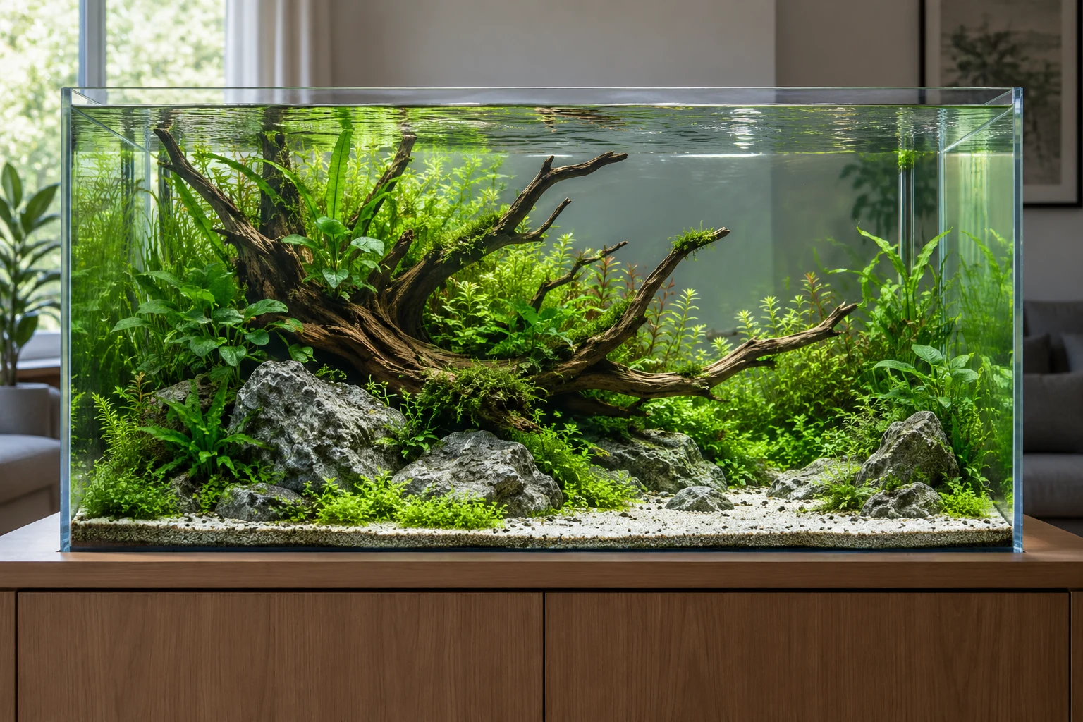 A planted freshwater aquarium with driftwood and green aquatic plants